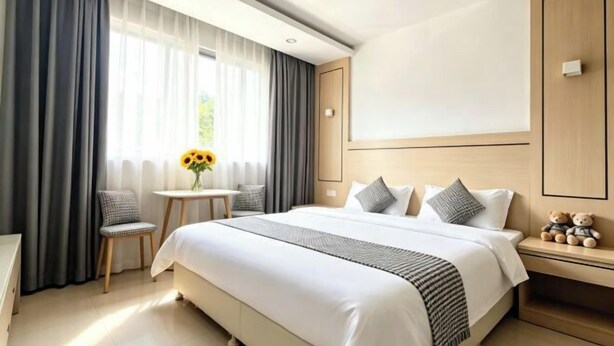 A hotel room with a large bed, a small table with a vase, and a nightstand with a teddy bear. - Longxiang Hotel (Zhuhai)