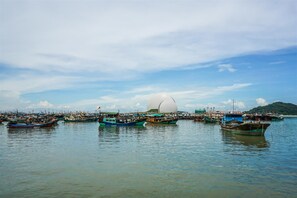 A harbor with multiple boats docked, a large spherical structure, and a hilly landscape in the background. - Longxiang Hotel (Zhuhai)