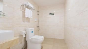 A bathroom with a toilet, a sink, and a shower.