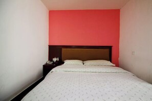 Un dormitorio con una cama individual, una mesita de noche y una pared roja decorativa.