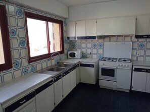 Fridge, microwave, oven, cookware/dishes/utensils