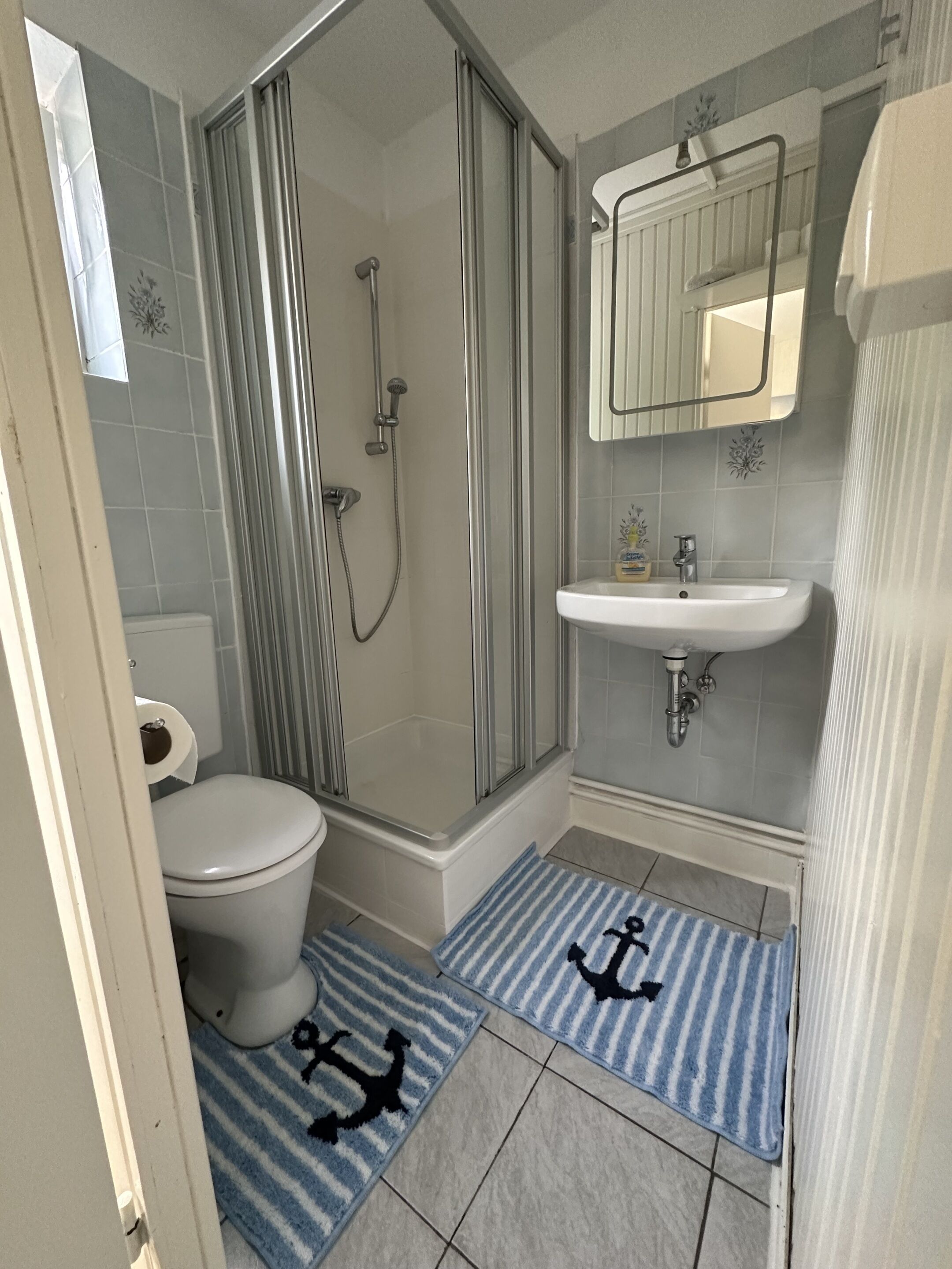 A bathroom with a shower, toilet, sink, and a mirror.