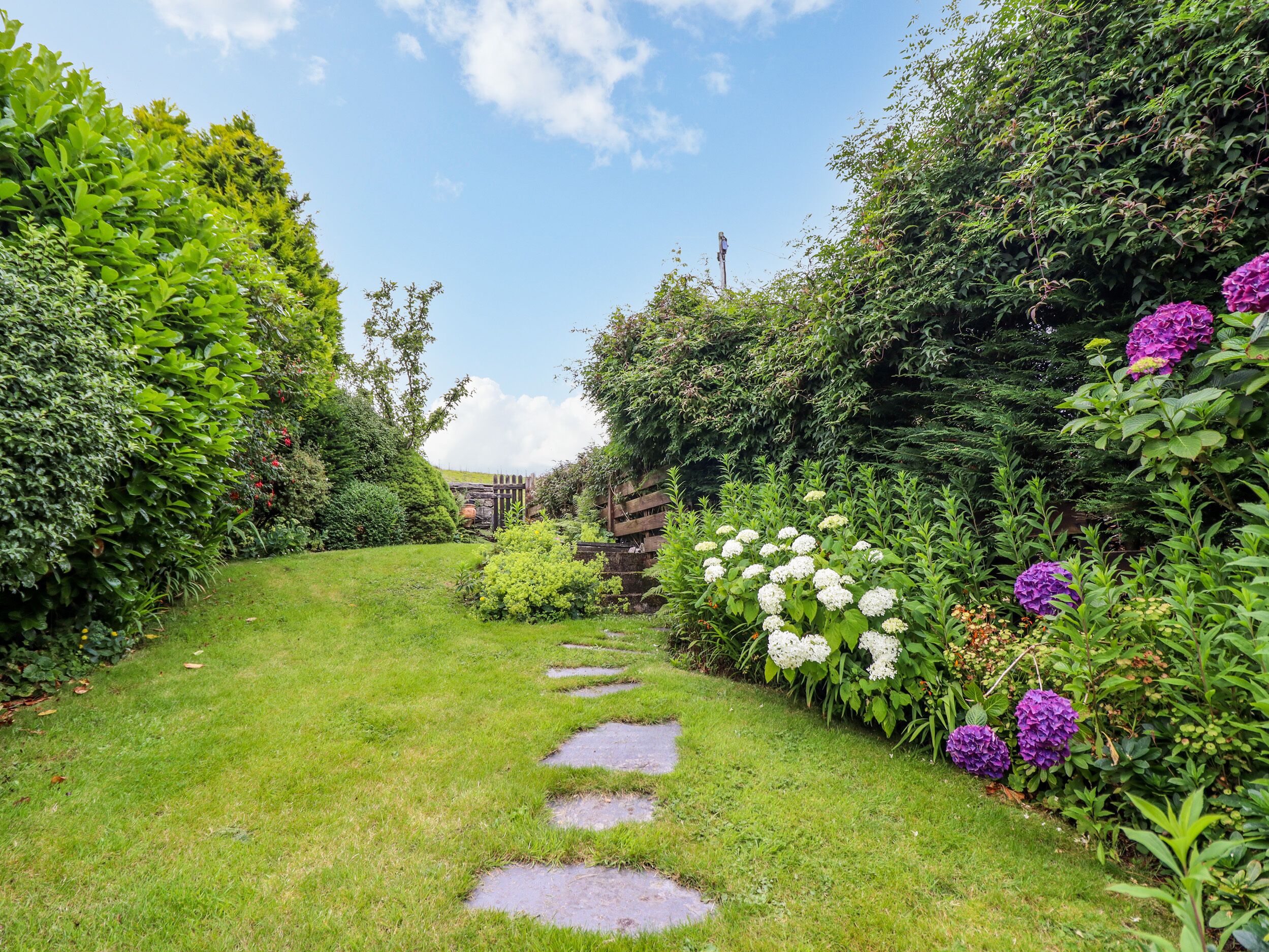 A garden pathway with stepping stones, surrounded by lush greenery and flowering plants.