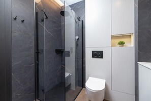 Shower, hair dryer, towels, shampoo