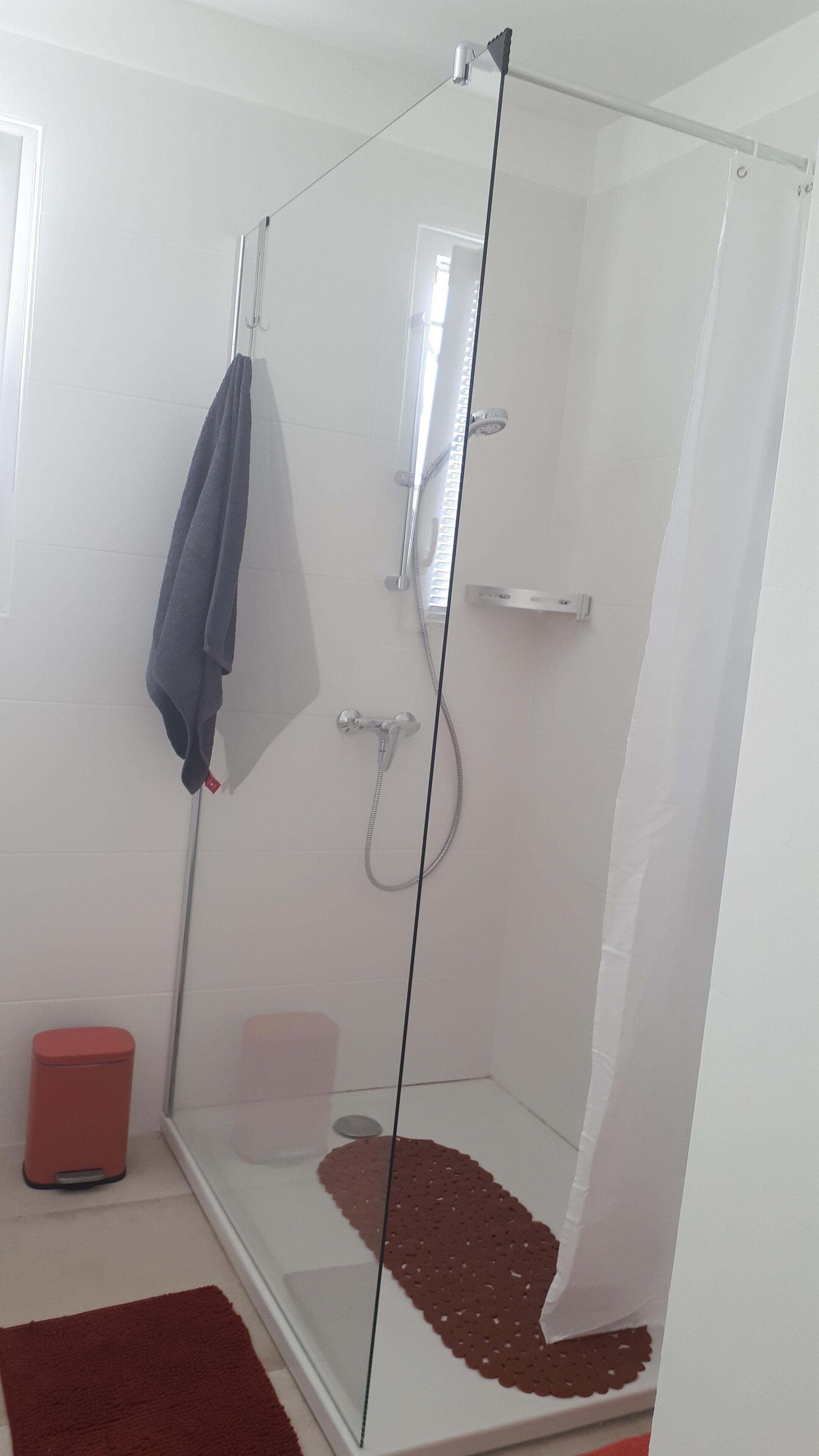 Et bruseafsnit med glasvægge, en håndbruser, et håndklædetørrestativ og en rød skraldespand.