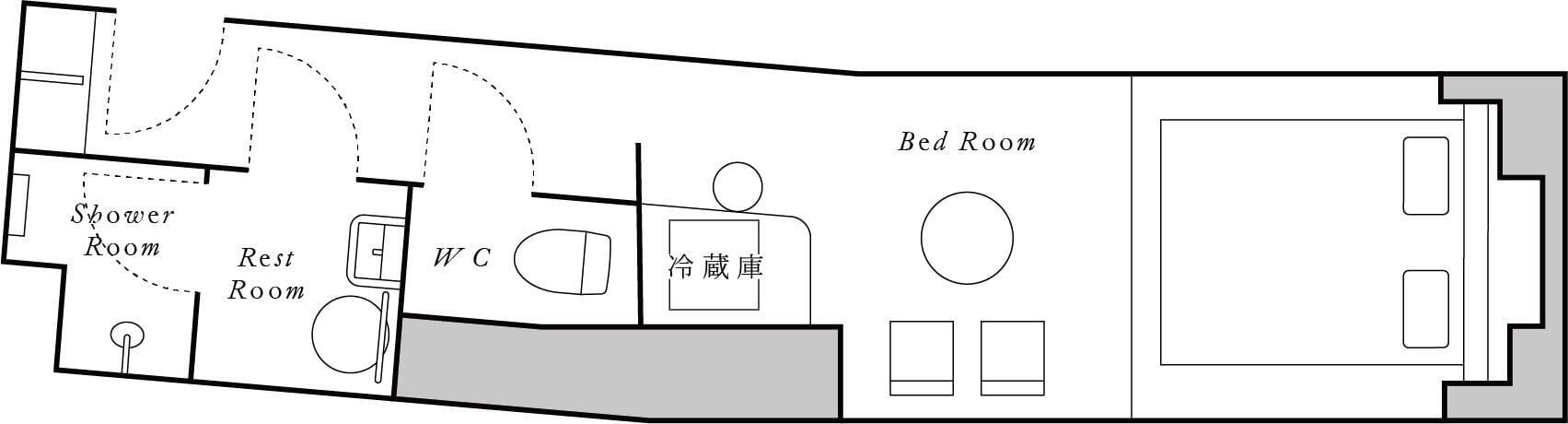 A hotel layout with a shower room, rest room, WC, bed room, and a storage unit.