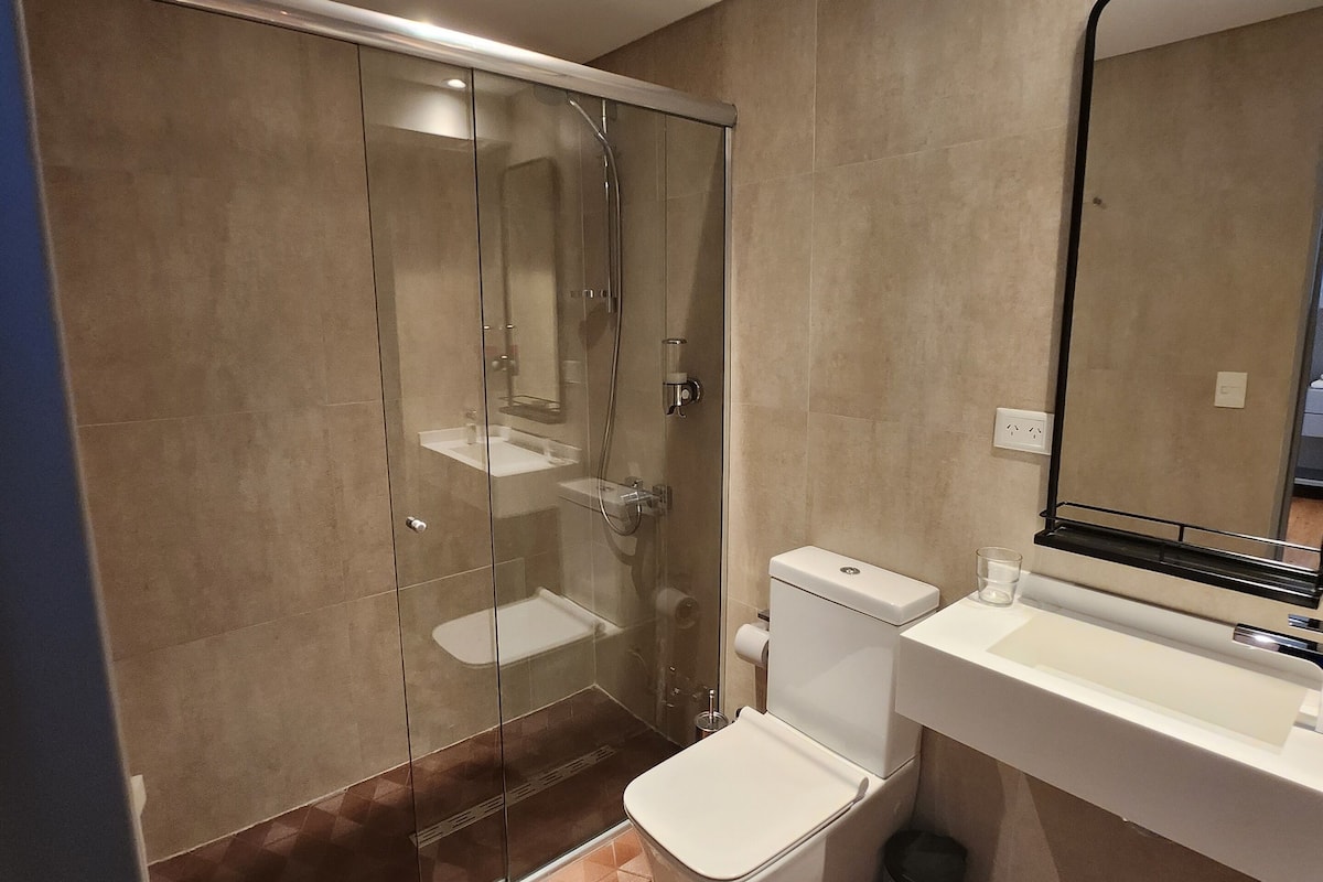 basic room | bathroom | shower, rainfall showerhead, hair dryer, children's dressing gowns