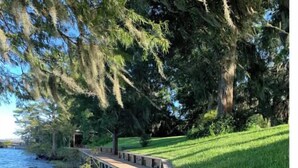 Une promenade en bois mène à une zone herbeuse bordée d’arbres et donnant sur un plan d’eau.