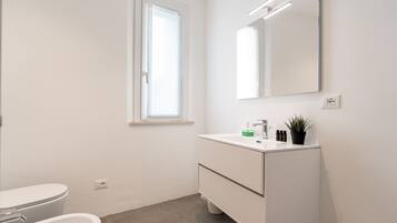A modern bathroom with a toilet, bidet, white vanity, mirror, and a small potted plant.