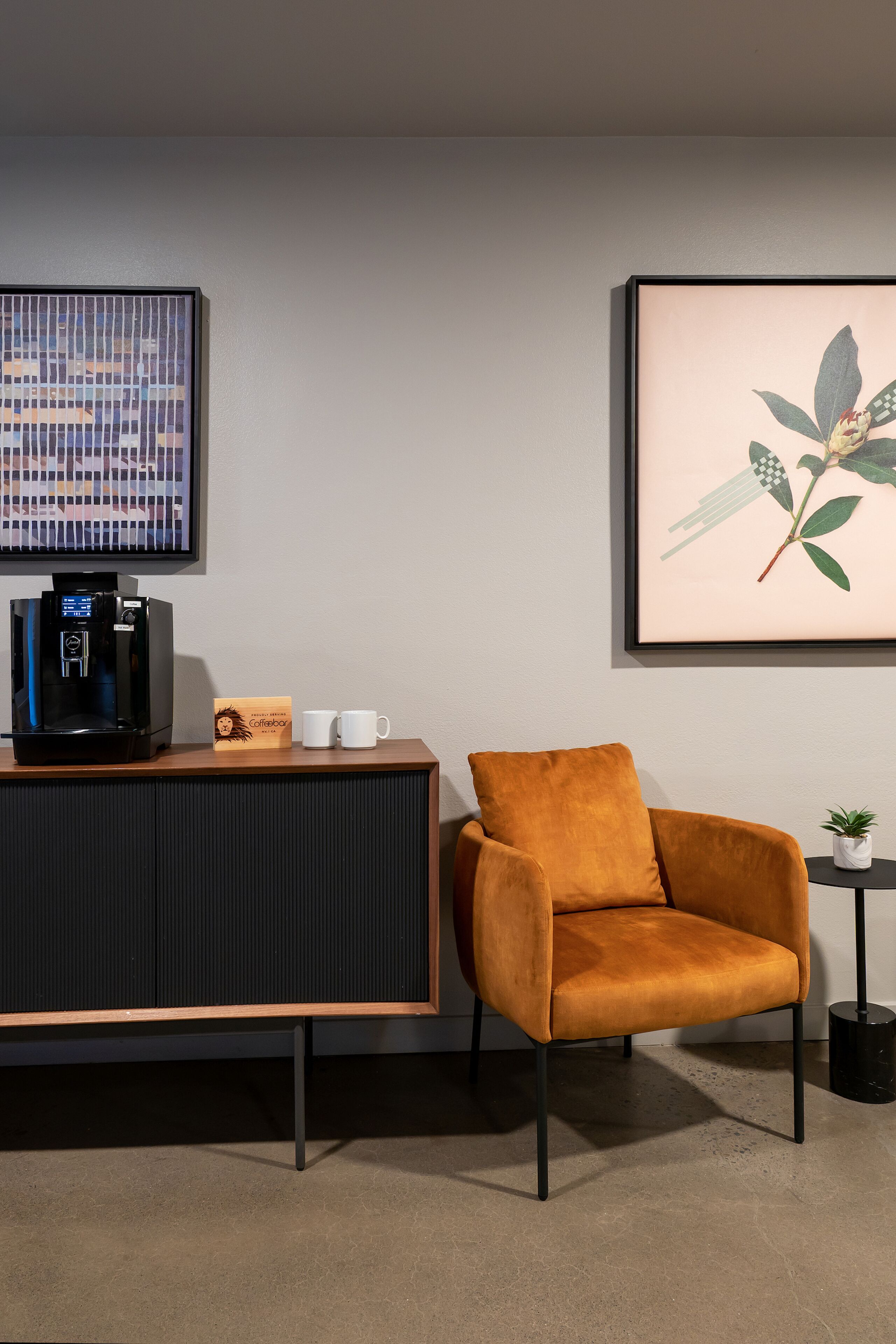 Een moderne kamer met een koffieapparaat, een ingelijst plant en een comfortabele stoel.