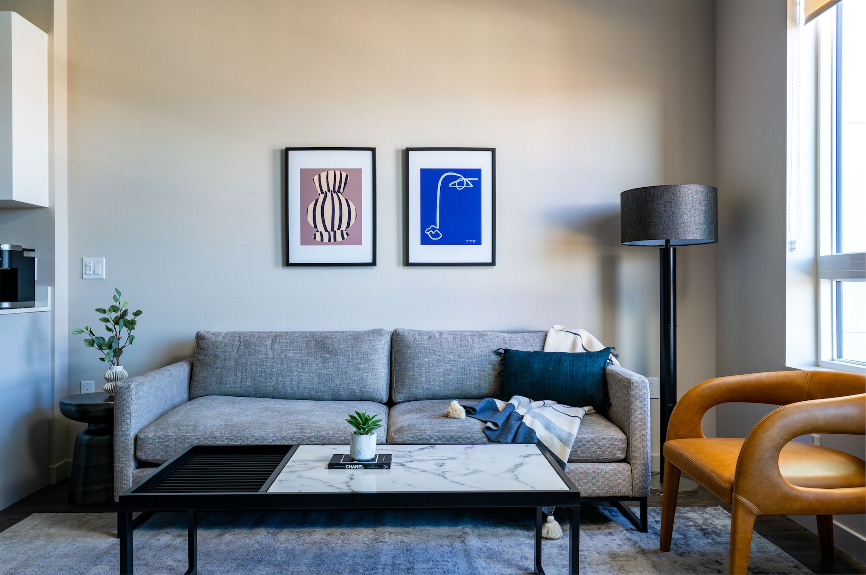 A modern living room with a grey sofa, a coffee table with a book and a plant, a floor lamp, and two framed artworks on the wall.