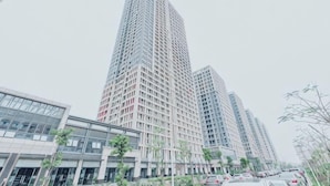Un immeuble de grande hauteur, doté d’une architecture moderne, entouré d’autres bâtiments et donnant sur une rue où circulent des voitures.