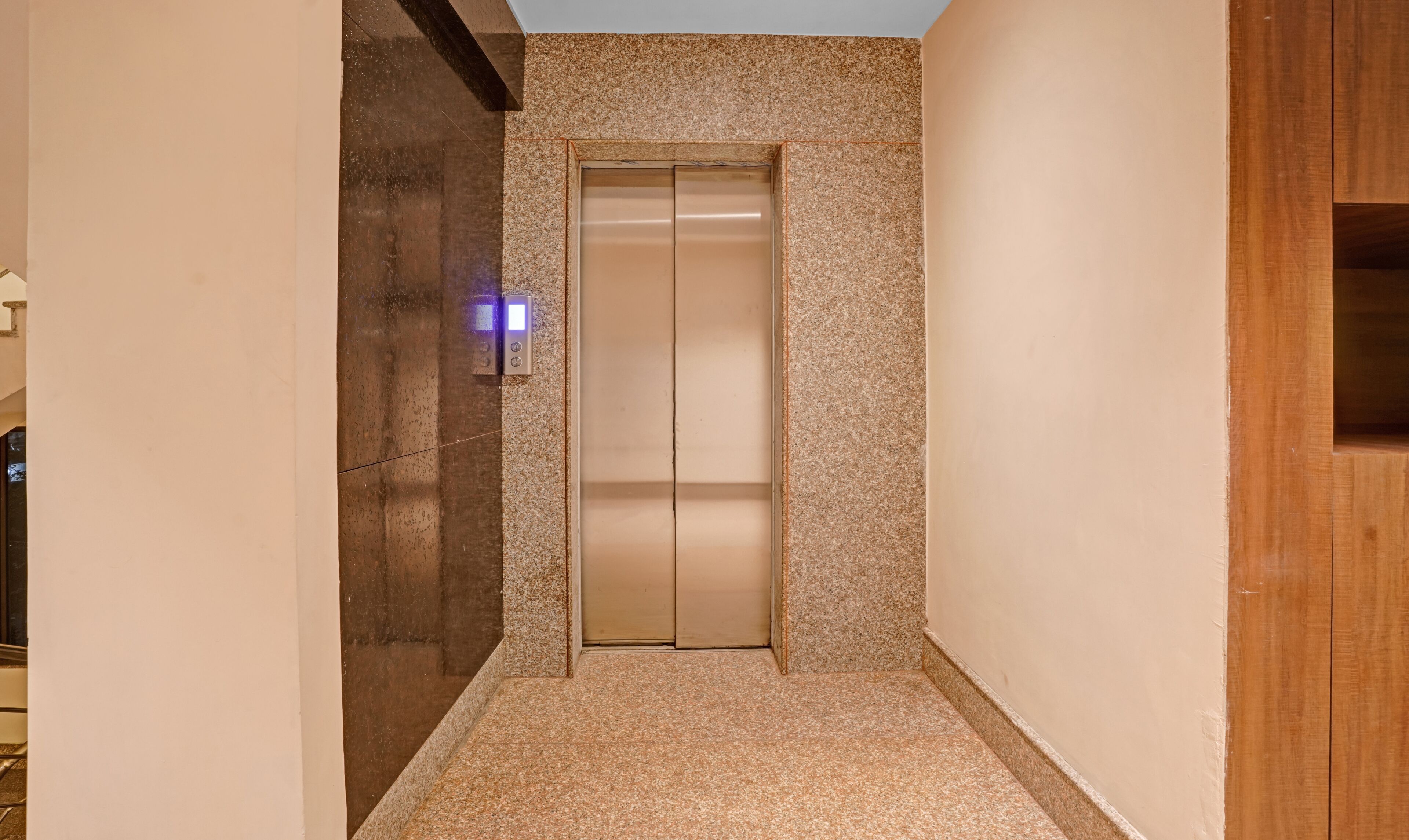 A narrow hallway with a modern elevator and a wooden panel on the right.