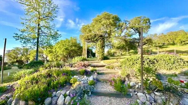 A garden with a pergola, various plants, and a stone pathway. - Mountain Retreat, Pool+Great Views, 30 days (Carmel Valley)