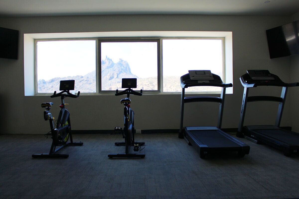 A room with three exercise bikes, a treadmill, and a stationary bike, with a large window offering a mountain view.