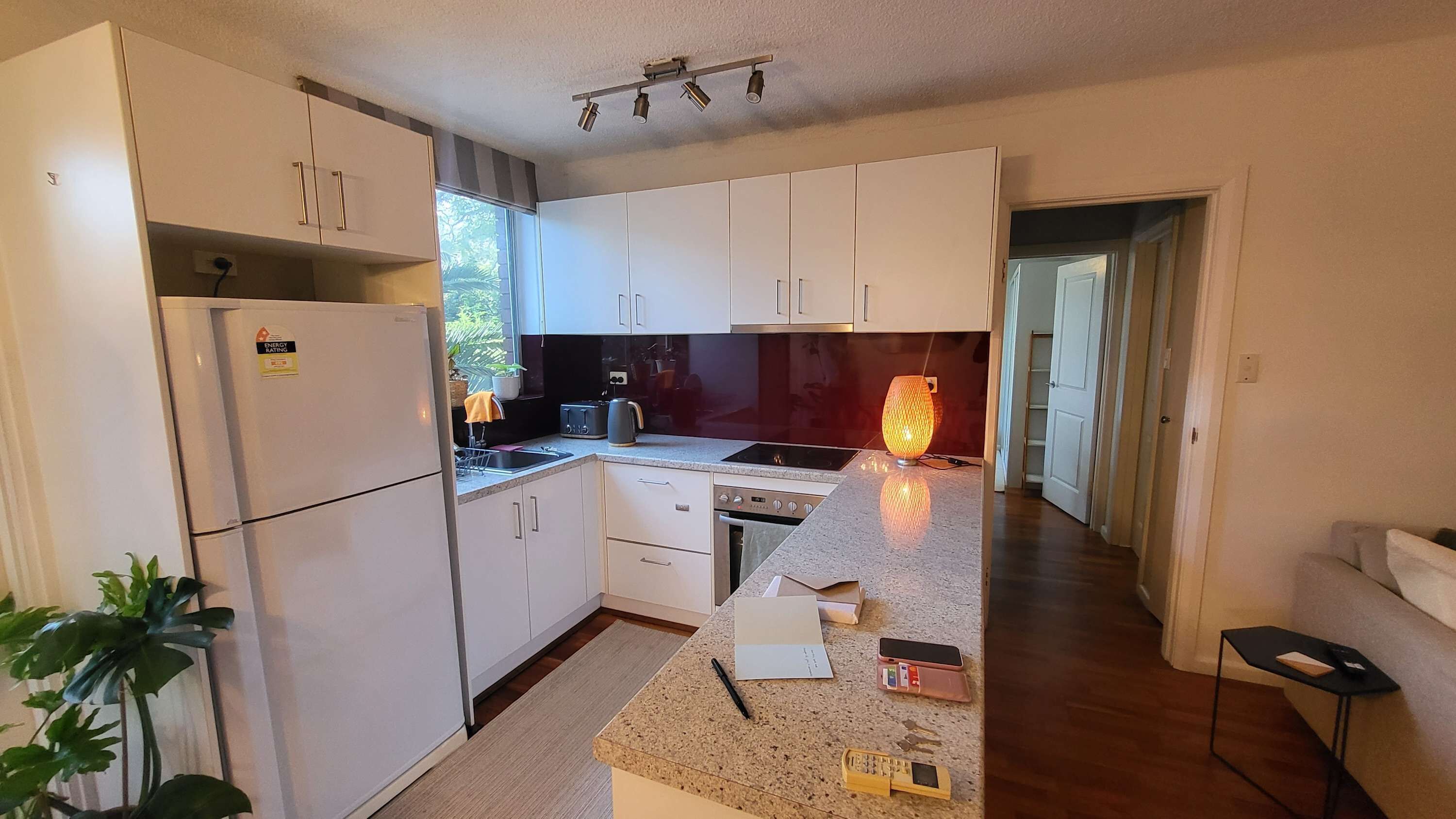 Fridge, microwave, stovetop, electric kettle
