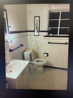 Tina con regadera, toallas, jabón, papel de baño 