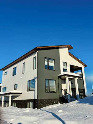 A modern two-story house with a flat roof, large windows, and a stone facade.