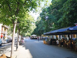Eine von Bäumen gesäumte Straße mit Außenbestuhlung in Cafés.
