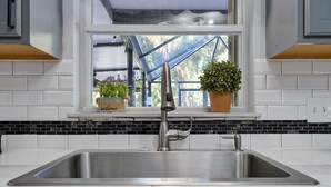 A kitchen with a stainless steel sink, a window with a view of greenery, and a potted plant on the windowsill. - Poolside Cocoa Oasis with Tiki Bar (Port Saint John)