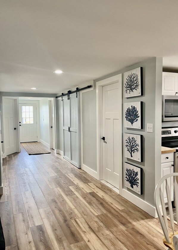 A hallway with wooden flooring, white doors, and wall-mounted artwork.