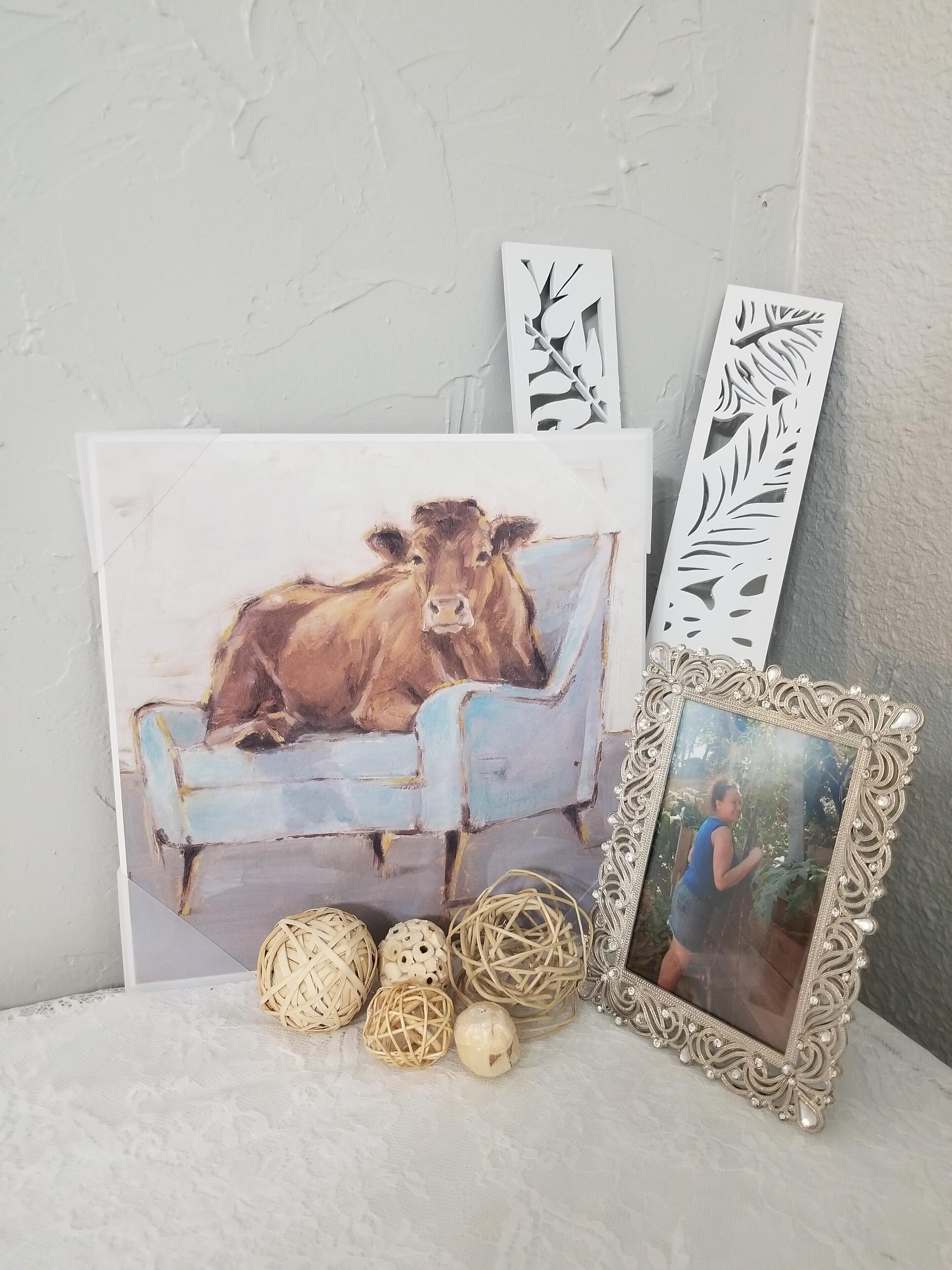 A rustic wall decor with a cow painting, decorative frames, and woven balls.