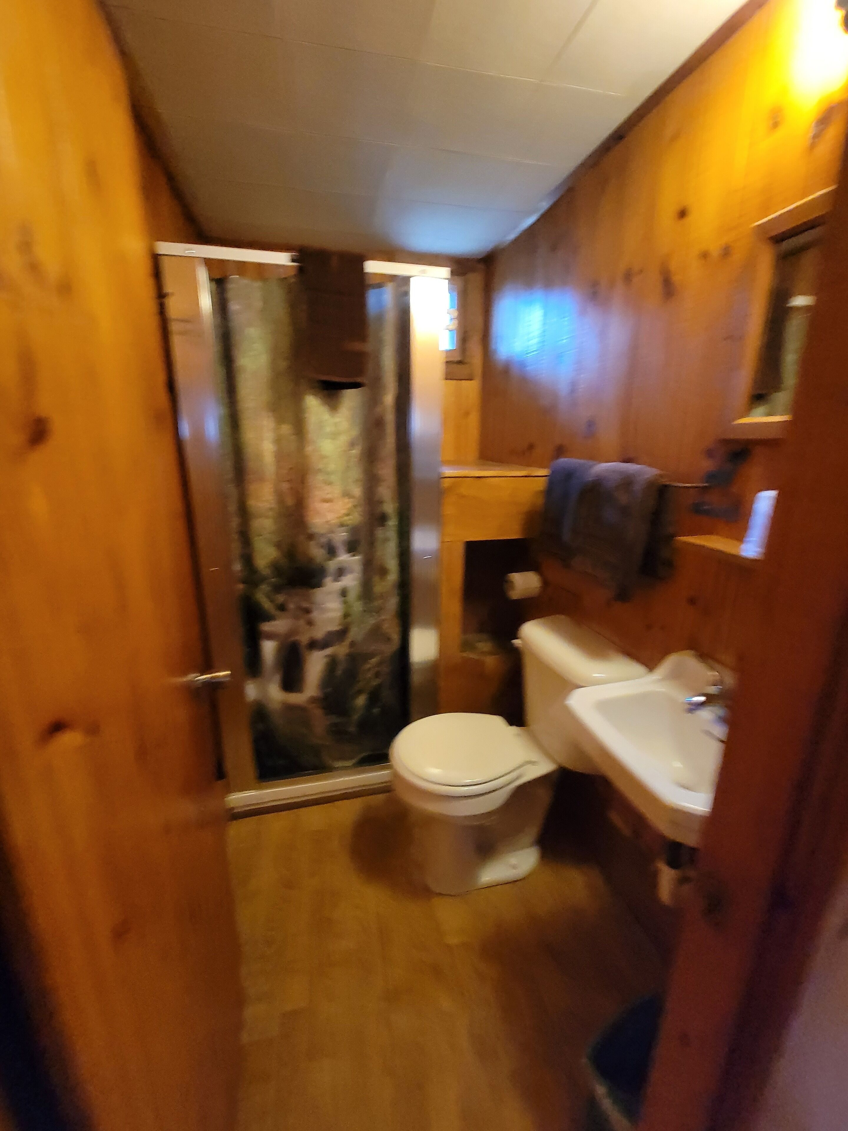 A small bathroom with a toilet, sink, and shower.