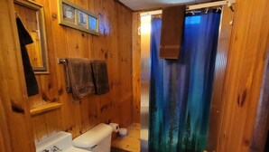 Une salle de bain rustique, avec des murs en bois, comprenant une baignoire, des toilettes et un rideau de douche.