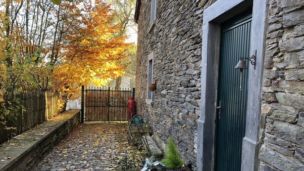 A stone building with a green door, a metal gate, and potted plants on the ground. - Charming country house with large barbecue (Gouvy)