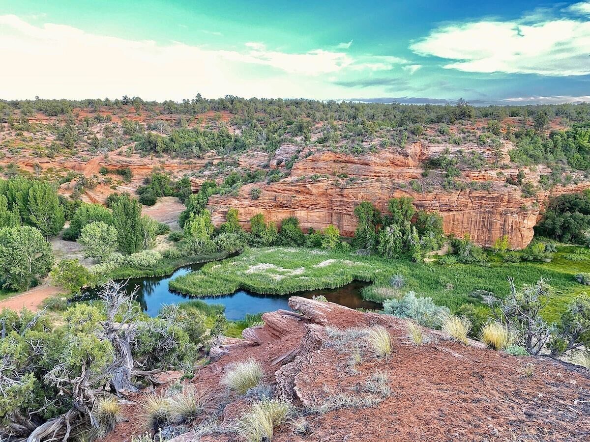 Un paysage comprenant une rivière, une végétation verdoyante et des formations rocheuses rouges.