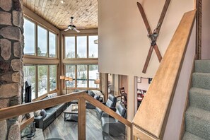 TV, fireplace, books