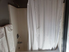 Combined shower/tub, hair dryer, towels, soap