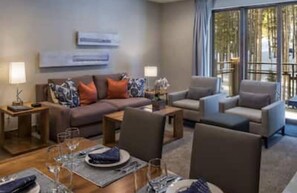 Smart TV, fireplace, video games, DVD player