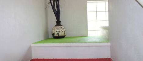 A staircase with a vase of black and white flowers on a green ledge.