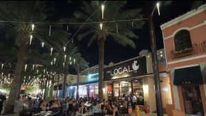 An outdoor dining area with tables and chairs, palm trees, and string lights.