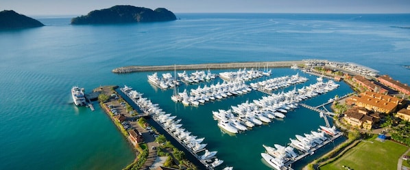 An aerial view of a marina with numerous boats docked, surrounded by a coastal town with buildings and a pier extending into the water.