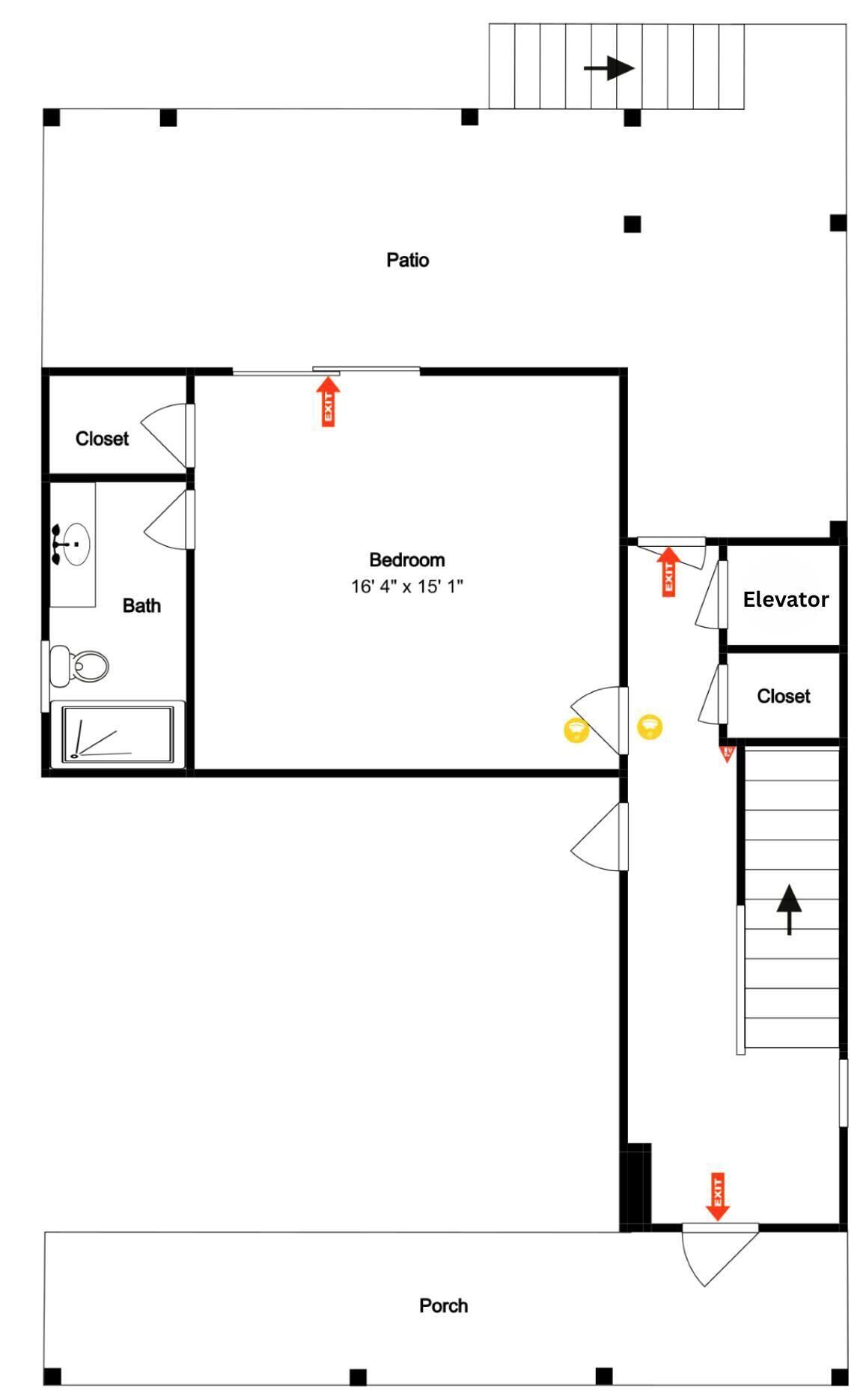 A floor plan with a bedroom, closet, bathroom, elevator, and porch.