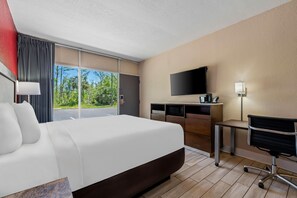 A hotel room with a large bed, a desk, a chair, a flat-screen TV, and a view of the outdoors.