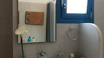 Combined shower/bathtub, deep-soaking bathtub, towels, soap