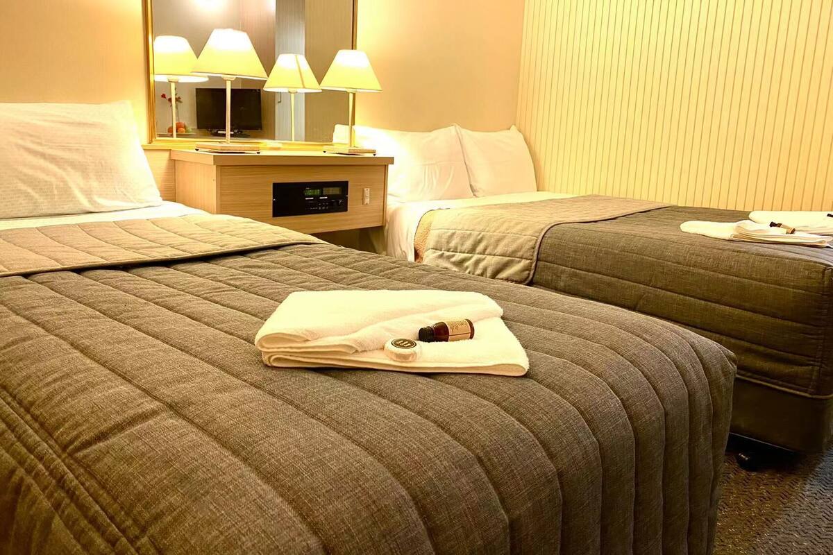 Ein Hotelzimmer mit zwei Betten, einem Nachttisch mit Lampen, einem Spiegel und einem gerahmten Bild an der Wand.