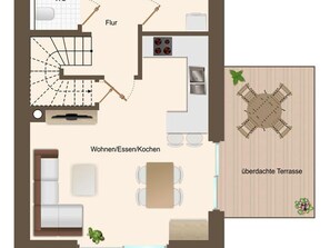 Ein Grundriss eines Hotelzimmers mit Wohnbereich, einer Küchenzeile und einer Außenterrasse.