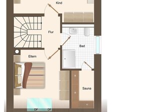 Ein Hotelzimmer mit Bett, Badezimmer, Sauna und einer Treppe.