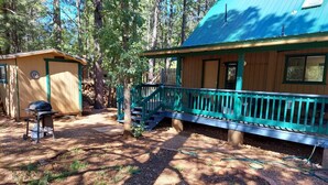 A cabin with a porch and a deck, surrounded by trees. - Camelia's cabin (Pinetop)