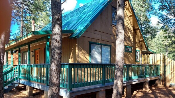 A wooden cabin with a porch, surrounded by trees. - Camelia's cabin (Pinetop)