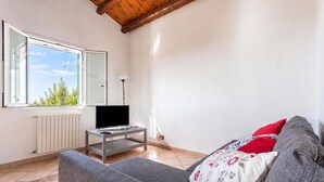 A modern living room with a grey sofa, a television on a stand, a radiator, and a window with a view of greenery.