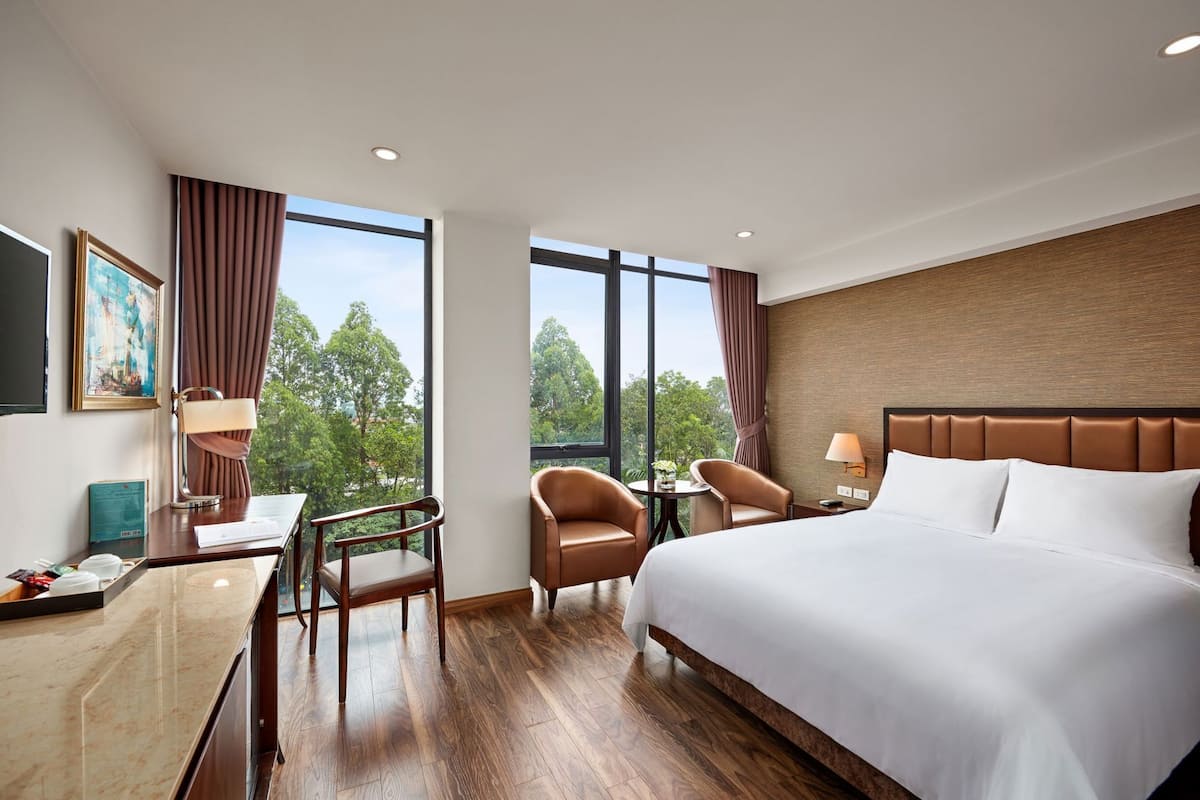 A hotel room with a bed, desk, chairs, and large windows.