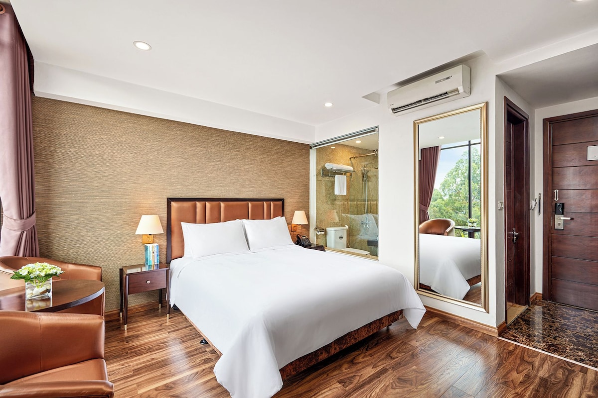 Habitación de hotel con una cama grande, un área de descanso con una silla, una mesita de noche con lámpara, un espejo y vistas al exterior.