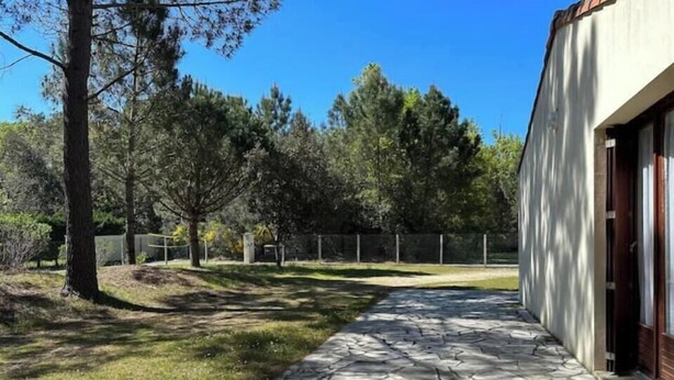 Un vialetto in pietra conduce a un edificio dal design moderno, circondato da alberi e protetto da una recinzione.