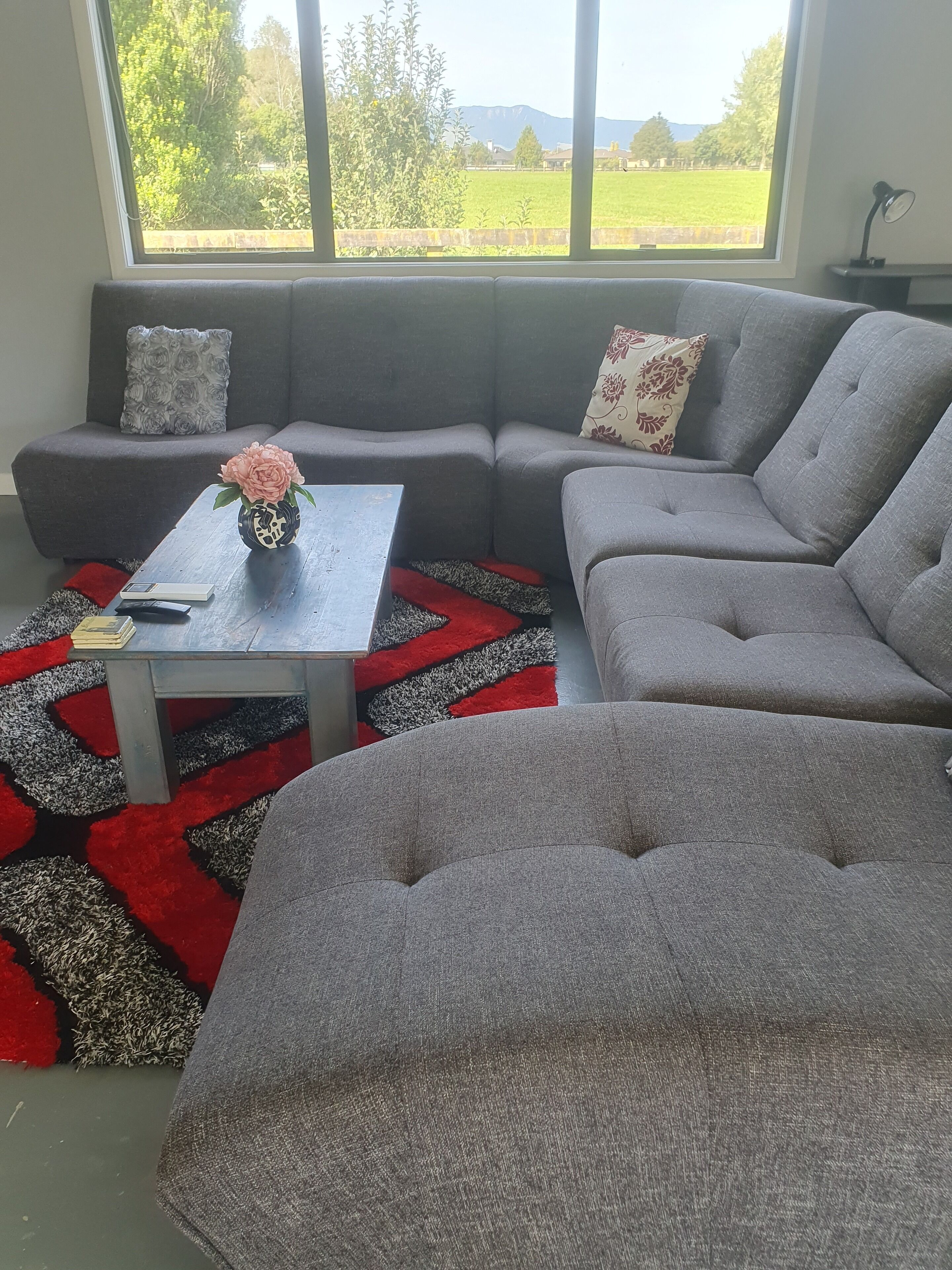Un salon avec un canapé gris, un fauteuil assorti et une table basse. Une fenêtre offre une vue sur la verdure et les montagnes.
