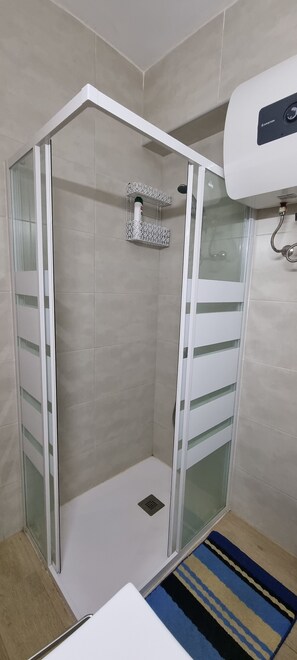 Shower, towels, soap, toilet paper